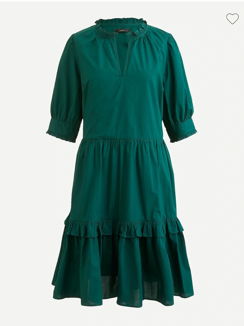 J.Crew Dark Green Cotton Tiered Mini Dress Split Neck Puff Sleeve Ruffle Medium